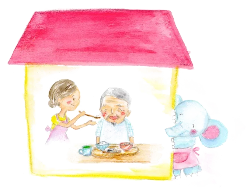 おうちで食事の介助をするヘルパーとご利用者、もあはーとの象のキャラクターのイラスト